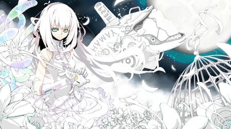 Perfect white - white, moon, luka, girl, vocaloid, megurine, flower