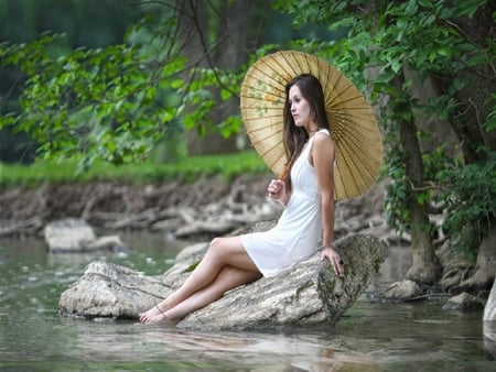 Lady And The Lake - female, water, creek, girl, forest, umbrella, nature, lady, woman, photagraphy, lake, woods