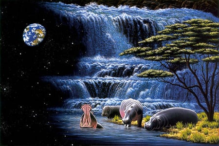 hippopo in the sky art by William Schimmel - three hippopos, waterfall