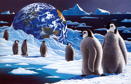 penquins in space art by William Schimmel - snow, space, ice, penquins