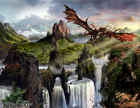 Flying Dragon  - sky, water, dragon, land, rocks