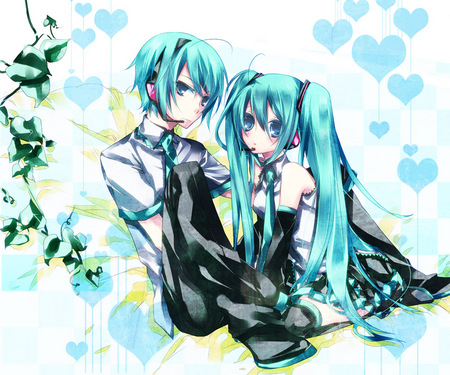 Miku and Mikuo - anime, branch, blue, twintail, hatsune miku, leaves, white, mikuo, vocaloids