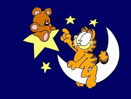 Garfield and friend - moon, star, blue, cartoon, garfield