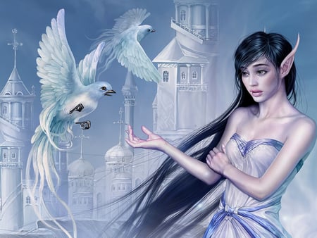 Bird Fairie - pretty, yuehui, birds, elegant, people, female, blue, magical, gorgeous, princess, brunette, castle, abstract, beautiful, girl, tang, scenic, cool, girls, elf, cg, black, fantasy, white, woman, fairy, cute, 3d, feathers, fantasy girl