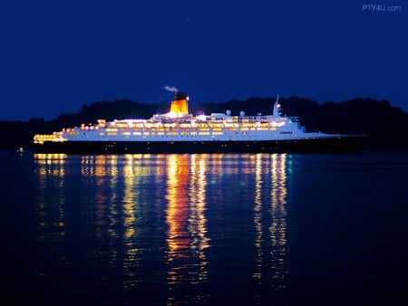 QE2 - panama, lights, ship, night, cruise, reflection