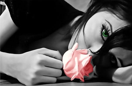 Green eyes rose - girl, hot, eye, rose, witch, abstract, art, 3d, red, green