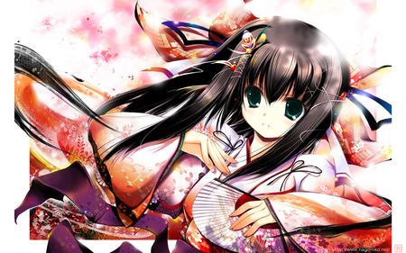 shrine maiden - flower, fan, japanese clothes, anime, girl