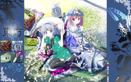 life is good! - sword, flower, touhou, yuyuko, saigyouzi, konpaku, girl, animal ears, youmu, food