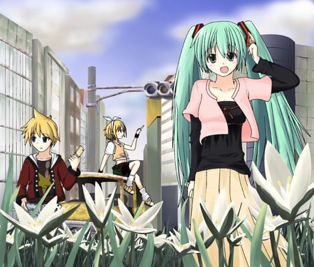 Hatsune Miku, Kagamine Rin, and Kagamine Len - hatsune miku, kagamine rin, buildings, vocaloids, cloudy, city, anime, flowers, kagamine len