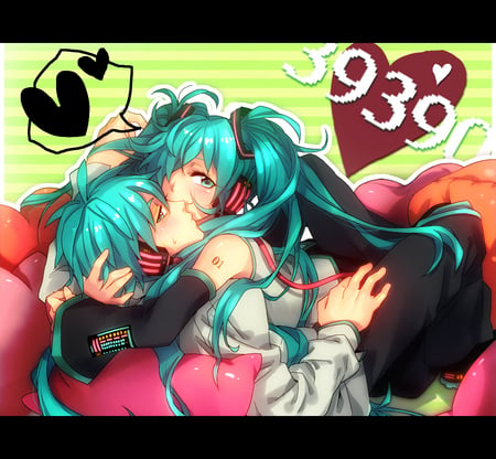 Miku and Mikuo - vocaloids, hatsune miku, bed, heart, anime, mikuo