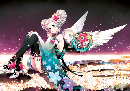 Flower Wing - flower, beautiful, hot, anime girl, girl, wings, lady, magic, feather, magical, pretty, wing, beauty, flowers, anime, nice, sexy, angel