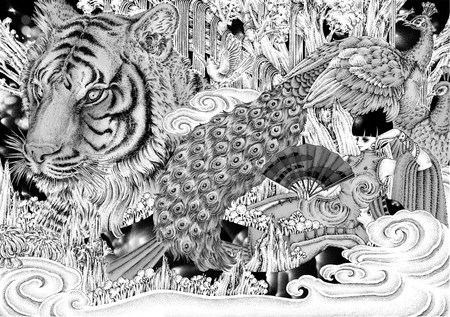 Monocrome safari - bird, tiger, pencil, illustration, black, white, peacock, lady, traditional, arts