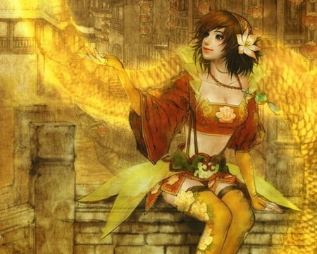 Sun Shang Xiang - anime, anime girl, warrior, yellow, hot, girl, gold, flower, light, sit, princess, sitting, sexy