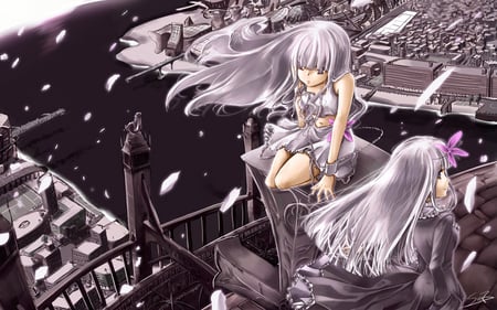 City - house, anime, anime girl, hot, dress, girl, landscape, city, flower, girls, black, petal, cute, twin, sexy, building