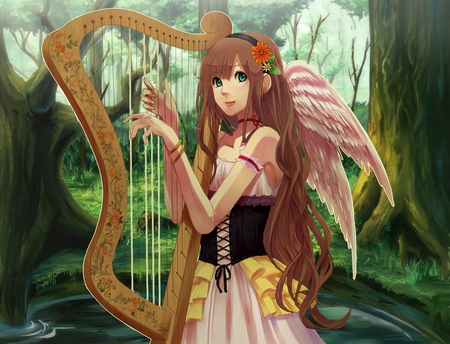 Angel Harp - nice, beauty, angel, wings, music, anime girl, fantasy, pretty, plant, anime, tree, girl, harp, forest, wing, beautiful, flower