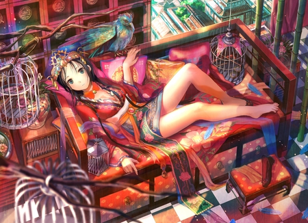 Anime - princess, hot, room, japanese, anime girl, crown, japan, feather, anime, kimono, house, cute, sexy, building, girl, bird, cage, geisha, chair, animal