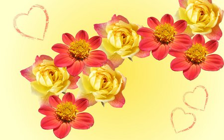 Flowers and hearts - hearts, yellow, red, flowers, rose