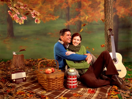 love........... - woman, love, autumn, guitar, picnic, music sheets, nature, man, romance, retro