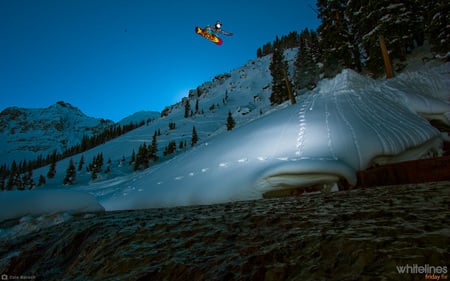 Flying high - trees, spotlight, snowboarding, skier, snow, mountain