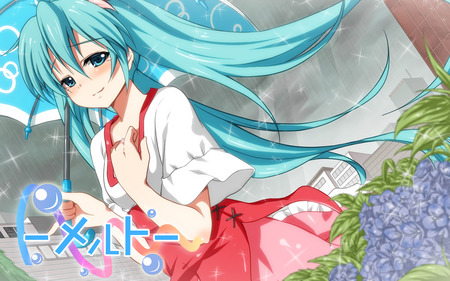 Hatsune Miku - Melt - miku, rain, cute, beautiful, vocaloids, melt, blue hair, pretty, flowers, song title, anime, twintail, blue, unbrella, blushing, title, blue eyes, tears, hatsune miku