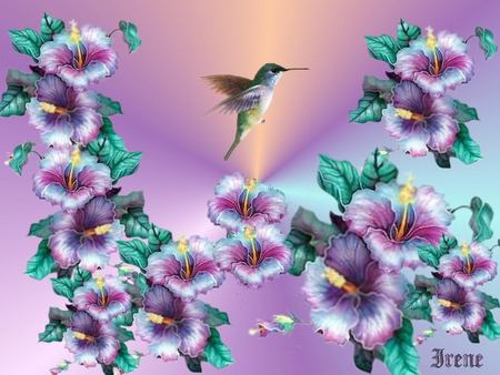  HUMMERBIRD AND ROSE OF SHARONS - aqua, roses, light, hummingbirds, nature, white, vine, purple, humming bird, green, flowers, hummer