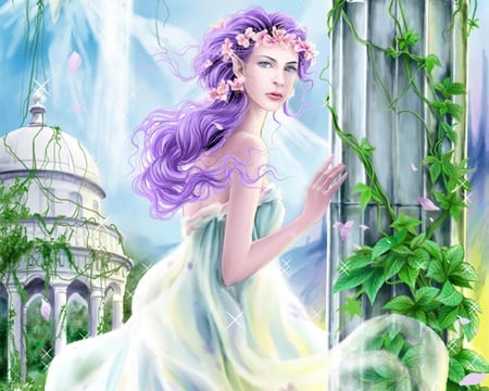 Air Garden - nice, beauty, hot, anime girl, petal, vine, purple, pretty, green, plant, anime, cute, sexy, girl, pavilion, blue, beautiful, pink, flower