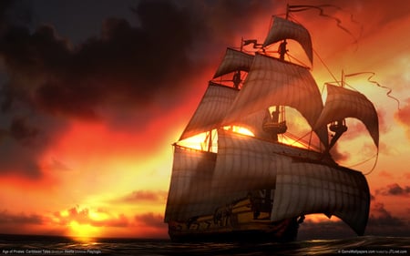 Pirates Ship - abstract, water, age of pirates, ship, evening, sea, pc, sunset, pirates, video game