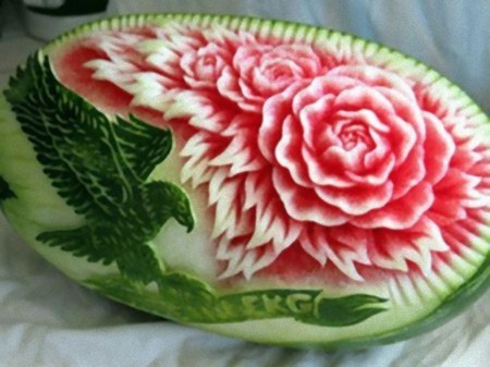 Carved Rose and eagles in melons - melons, nature