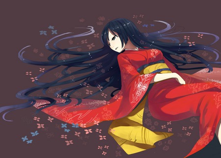 Anime - anime, kimono, petals, red