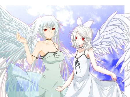 vocaloid - white, red eyes, rin, angel, anime, wings, miku, dress