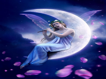 moonlight melody - flute, light, fantasy, winged, purple, abstract, petals, moon nightime, fairy