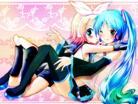 Hatsune Miku and Kagamine Rin - blushing, kagamine rin, anime, twintail, cute, hatsune miku, vocaloids