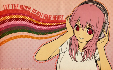 Nitro Plus Super Sonic - Feel the music - nitro plus, headphone, heart, pink hair, music, anime girl, red eyes, white, nitro, pink, anime, super sonic