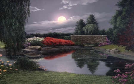 SANCTUARY - flowers, clouds, moon, trees, water, night, reflection