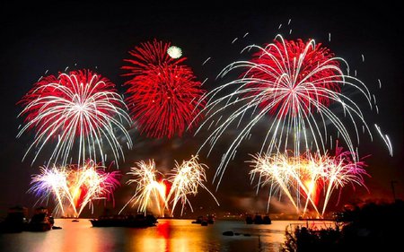 WATERWAY FIREWORKS - golden, fireworks, red, waterway