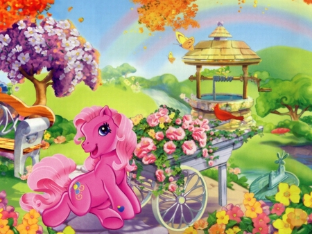 My Little Pony - flowers, cartoon, wishing well, rainbow, garden, pink pony