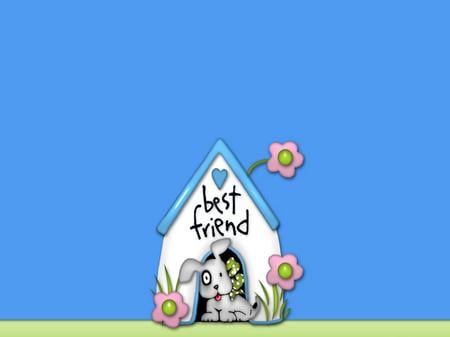 Best Friend - dog house, heart, best friend, dog, flowers, grass