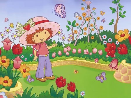 In the garden - butterfly, flowers, garden, strawberry shortcake