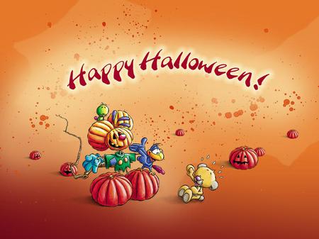 Happy Halloween - halloween, scarecrow, pumpkins, teddy bear, bird