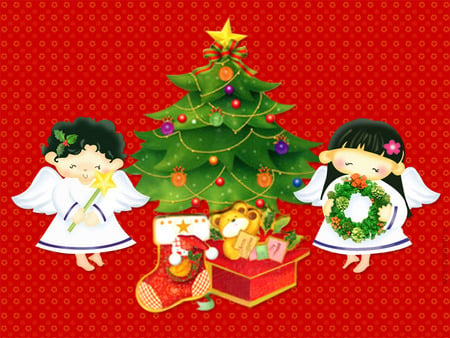 Christmas Angels - christmas tree, angels, wreath, presents