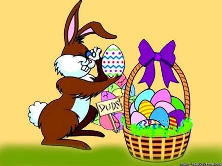 Egg Inspector - bunny rabbit, purple ribbon, easter eggs, holiday, easter, egg, basket, bunny