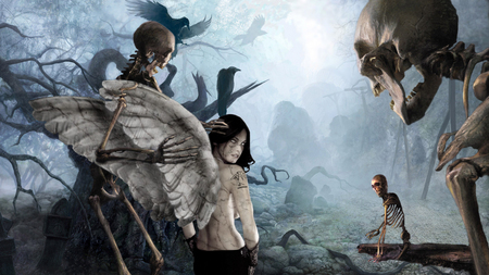 Skeleton vs girl - photoshop, skeleton, girl, skull