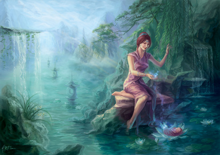 Zi Xuan - beauty, nice, hot, water, anime girl, waterfall, pretty, baby, anime, plant, green, tree, oriental, pond, cute, sexy, girl, child, lotus, forest, beautiful, chinese, flower