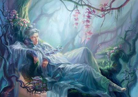 Orchid Valley - anime, warrior, chinese, forest, flower, plant, tree, boy, handsome, oriental, sleep, hero, sleeping