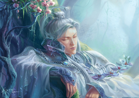 Orchid Valley Closeup - flower, forest, hero, handsome, plant, anime, sleep, sleeping, warrior, oriental, chinese, tree, boy