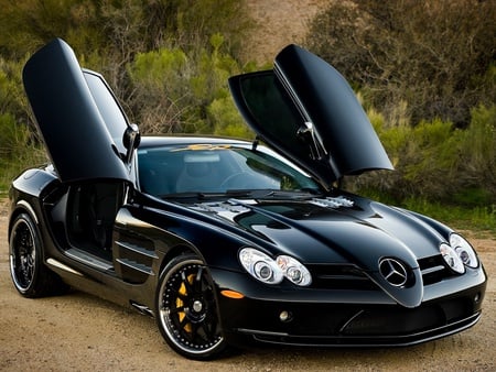 black mercedes - luxury, black, mercedes, nature, car