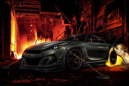 Nissan GTR - digtal art, chain, car, gtr, evil, fire, nissan