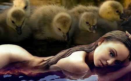 Sweet Ducks - woman, nice, ducks, fantasy