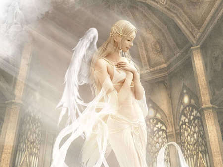 Beautiful Angel - feathers, angel, white gown, wings