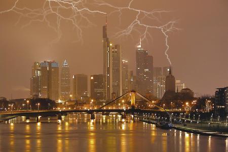 Lightening Over City - lights, rain, natural, reflection, night